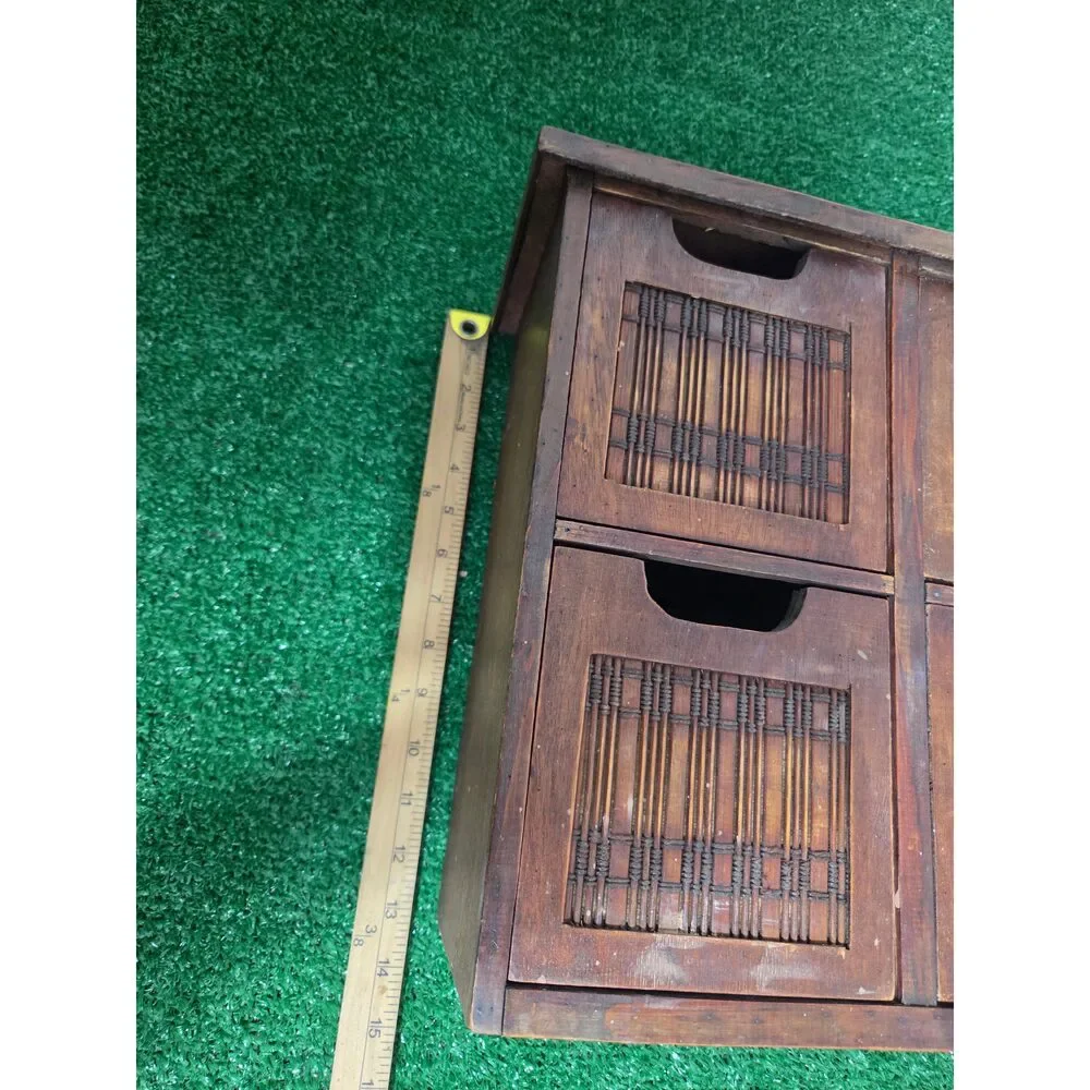 Vintage Wooden Desktop Organizer 4-Drawer Cabinet with Woven Bamboo & Rattan Pa